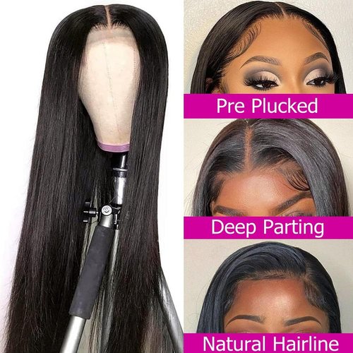 DACHIC 200% Density Straight Glueless Lace Closure Wigs Human Hair HD Transparent Lace Front Wigs Human Hair Pre Plucked Brazilian Human Hair Wigs for Women Middle Part 24 Inch Straight wig