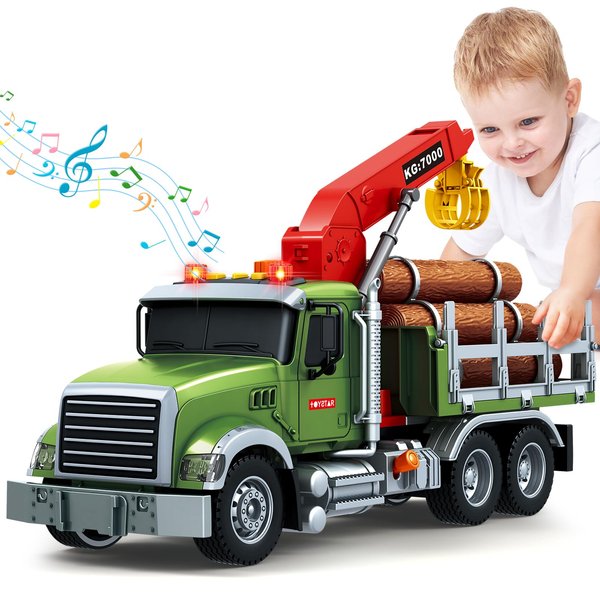 Kids Toys for 3 4 5 6 7 8 Years Old Boys, 15" Farm Logging Truck Toy with Loading Crane and 6 Trunks, Lights, Sounds, Toddler Friction Powered Truck Vehicle Toy for Boys Girls Birthday Gifts