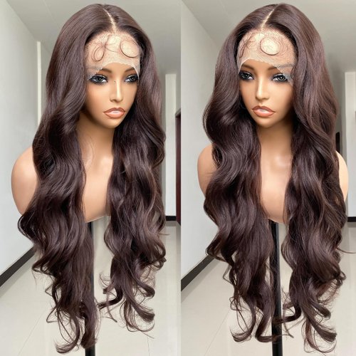 SISgrace Chocolate Brown Lace Front Wigs Synthetic Body Wave Wear and Go 13x4x1 T-part Lace 28 Inch Pre-Plucked with Baby Hair HD Glueless Lace Front Wig for Women