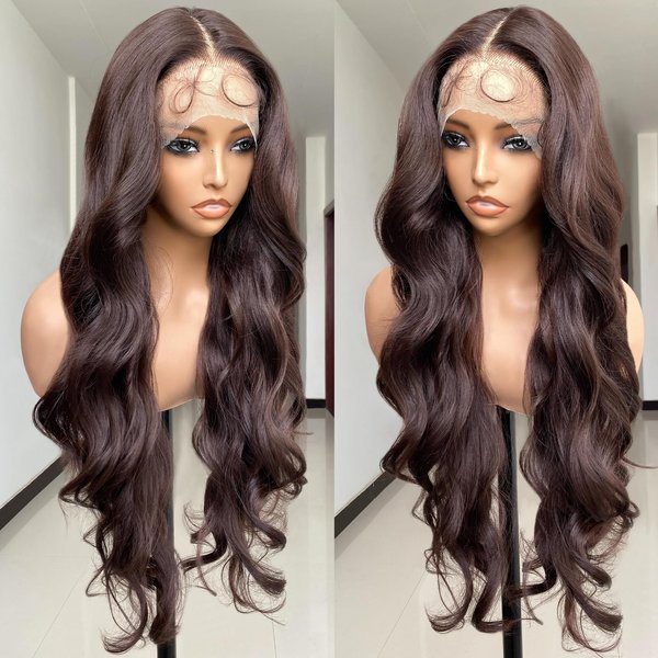 SISgrace Chocolate Brown Lace Front Wigs Synthetic Body Wave Wear and Go 13x4x1 T-part Lace 28 Inch Pre-Plucked with Baby Hair HD Glueless Lace Front Wig for Women