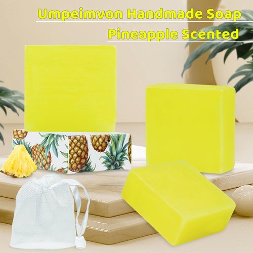 Umpeimvon 3 Pack Natural Bar Soap Handmade Soap, Vitamin C & E Infused Organic Body Soap Bars for All Skin Type, Pineapple Vegan Bath Soap Bars Refresh Face Body