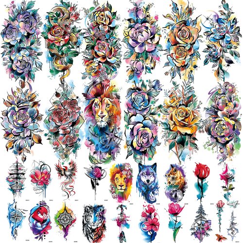 Aresvns Cute Watercolor Roses Temporary Tattoos For Women, Colorful Fake tattoos Long Lasting, Flower Temp Tattoo Moon Snake Lion Wolf Tiger，Fun Small Fake Tattoos