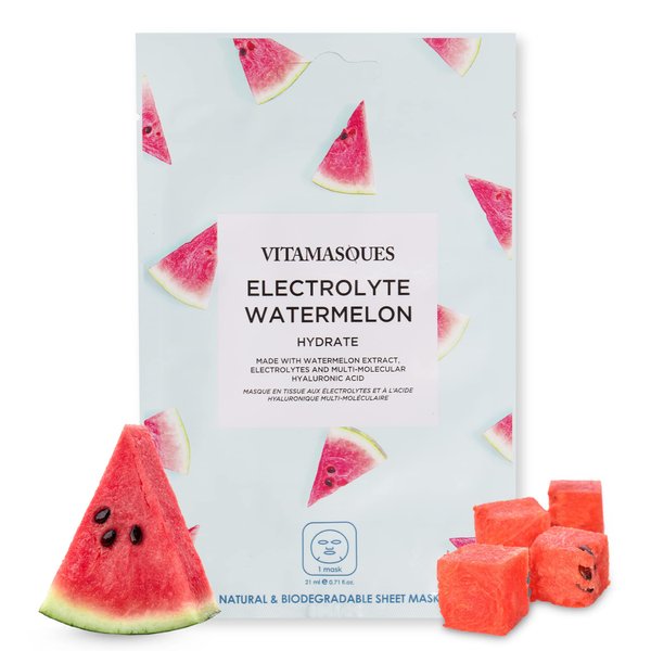 Vitamasques Electrolyte Watermelon Face Sheet Mask, 7 Pack, Boosts Skin Elasticity, Hydrating, Moisturizing, Plant-Based, Vegan-friendly