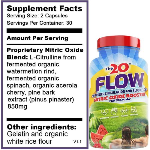 The20: Flow - Nitric Oxide Supplement - 60 Capsules - L-Citrulline from Organic Watermelon, Organic Spinach, and Organic Acerola Cherries - for Heart, Brain, and Overall Health - No Gluten
