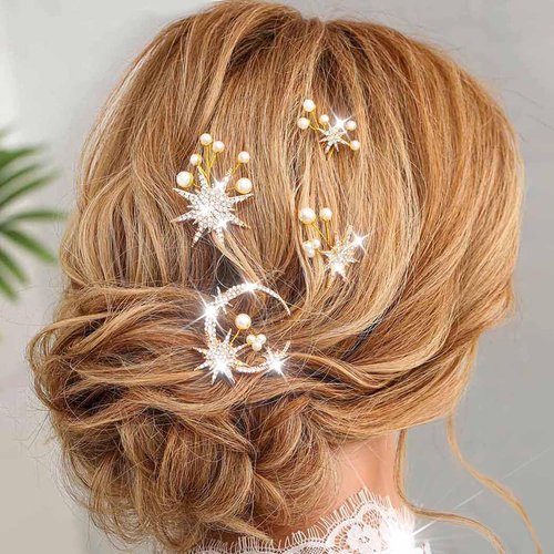 Kilshye Star Bride Wedding Hair Pins Gold Moon Bridal Hair Pieces Pearl Hair Accessories for Women and Girls (Pack of 4)