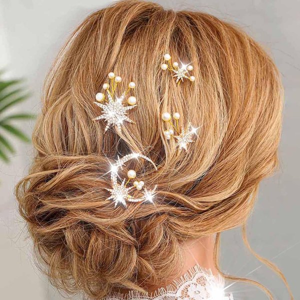 Kilshye Star Bride Wedding Hair Pins Gold Moon Bridal Hair Pieces Pearl Hair Accessories for Women and Girls (Pack of 4)