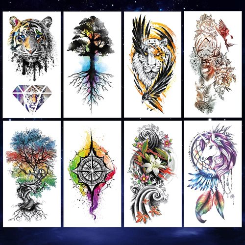 Oottati 8 Sheets Waterproof Arm Leg Temporary Tattoo Stickers, Colorful Tiger Tree Unicorn Compass Dreamcatcher Lion