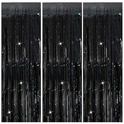 3 Pack Black Party Streamers Backdrop Tinsel Foil Fringe Curtains Halloween Party Decorations Birthday Wednesday Party Decorations Graduation Halloween Decor Party Supplies