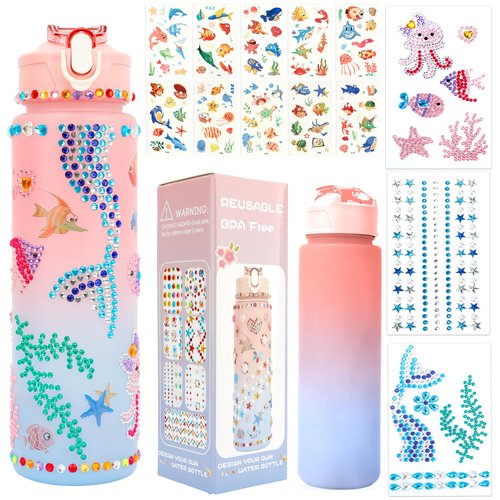 Gifts for Girls, Decorate Your Own Water Bottle Kits for Girls Age 4 5 6 7 8 9 10 12, Valentines Day Gifts for Kids Girls, Mermaid Water Bottle for Girl Arts and Crafts Gifts Toys for Girls Birthday