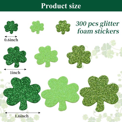 300 Pieces Green Glitter Shamrock Foam Stickers for St Patrick's Day - Lucky Clover Foam Stickers for Kids, St. Patricks Day Irish Party Decoration Craft Supply Self Adhesive Seals for Window Wall