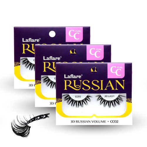Laflare 3D False Eyelashes Russian volume Strip Lashes | Fluffy, Wispy, Lightweight | Faux Mink Eyelashes Extension C Curl Wispy Handmade Soft Reusable 3 Packs Value Combo. (FCC02X3C)