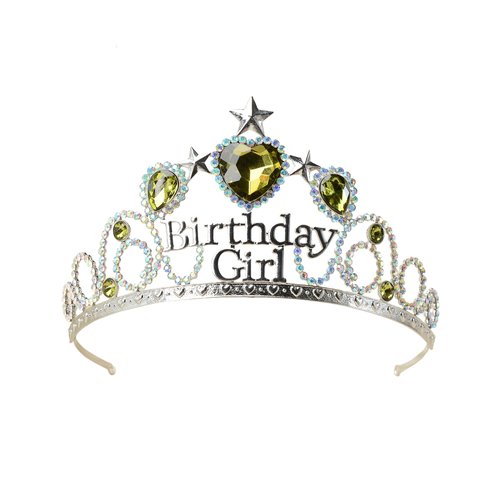 S SNUOY Birthday Crowns for Adult with Birthstone Heart Birthday Tiara Princess Crown for Women Silver Headpiece for Birthday Party - August Peridot