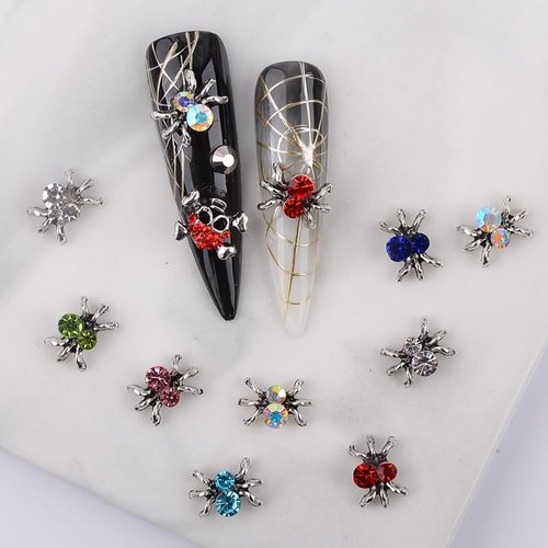 SHANRUN 36 Pcs Spider Nail Charms Halloween Decor Silver Rhinestones Nail Charms for Acrylic Nails,Alloy Nail Charms with Mix Color Gem Sparkling Spider Nail Decoration for Press on Nails DIY Design