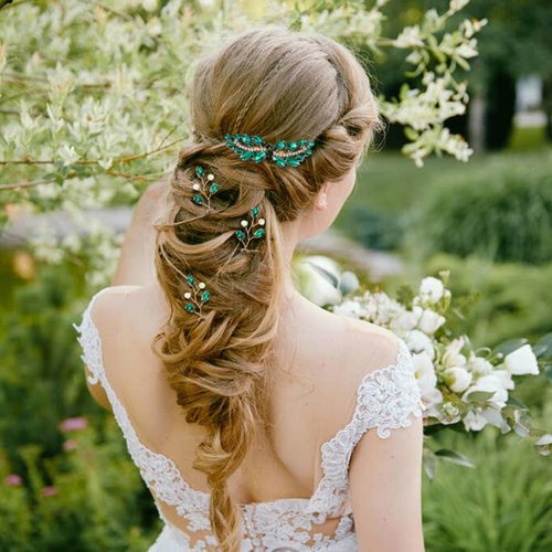 inSowni 7 Pieces Vintage Proms Bridal Wedding Glitter Gmerald Green Rhinestone Crystal Gold Metal Hair Side Combs Slides U-shaped Hair Pins Accessories for Women Flower Girls Brides Bridesmaids