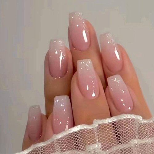 Press on Nails Medium Coffin Fake Nails Pink &amp; White Ombre Acrylic Nails Glossy False Nails with ...
