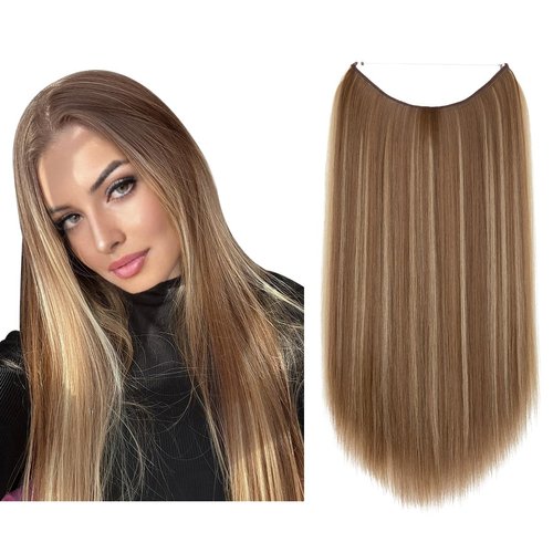SARLA Invisible Wire Hair Extensions 22 inch Long Synthetic Hairpieces Straight Ash Medium Brown ...