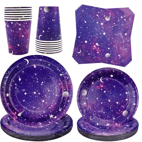 Space Galaxy Outer Party Supplies Tableware Set, Includes 20 9" Paper Plates, 20 7" Plate, 20 9 Oz Cups, 20 Lunch Napkin, for kids Solar System Astronaut Theme Birthday Decoration Serves 20