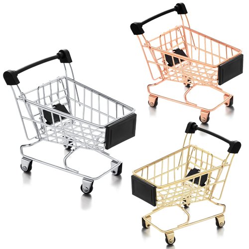 Hotop 3 Pieces Small Shopping Cart 3 Colors Mini Shopping Cart Supermarket Handcart Shopping Utility Cart Kids Metal Shopping Cart Mode Storage Toy Shopping Carts (1821)