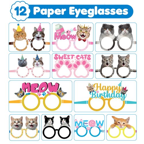 MDNHIO 36PCS Cat Party Favor 24PCS Tattoos 12PCS Paper Eyeglasses Kitty Themed Paper Photo Booth Props Birthday Party Decorations Dress Up Cute Style Funny Sunglasses Supplies Photography