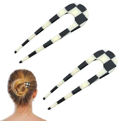 2 Pack Black and White Checkered Thin U-Shaped Hair Pins for Women French Pins Stylish Hair Accessories for Buns and Twists