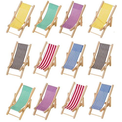 LUOZZY 12pcs Dollhouse Miniature Furniture Accessories Mini Wooden Folding Beach Sunbath Chair Longue Deck Chair for Fairy Garden Dollhouse Decoration
