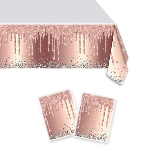 OULUN 2Pcs Pink Rose Gold Birthday Party Tablecloth, 42''x71'' Rose Gold Glitter Birthday Theme Table Cover for Girls Silver Birthday Party Supplies