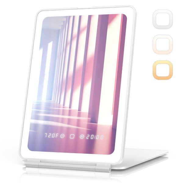 Zemmys Travel Makeup Mirror with Time & Temperature Display, 2000mAh Rechargeable Battery, 7.5" Portable Foldable Lighted Mirror with 148 Led Lights, 3 Color Lighting Modes, Touch Dimming