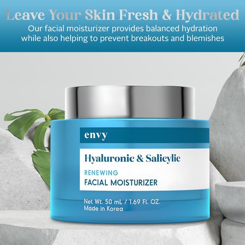 Envy Hyaluronic & Salicylic Acid Face Moisturizer Cream - Reduce Acne Scars, Hydrating, Improves Skin Texture, Anti-aging Day Cream - Cruelty Free Korean Skin Care For All Skin Types - 1.69 Fl. oz