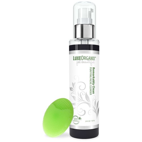 LuxeOrganix Purifying Organic Face Wash for Oily Skin with Bamboo Charcoal, Vitamin C, Aloe Vera, and Silicone Scrubby (5 oz)