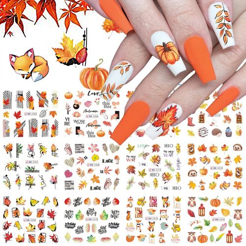 12Sheets Fall Nail Stickers Autumn Maple Leaf Pumpkin Halloween Thanksgiving Water Transfer Nail Decal for Women Girls Kids DIY Decorations