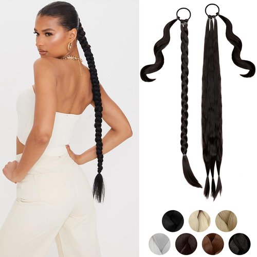 Cephermer Braided Ponytail Extension 26'' 30'' DIY Long Braid Hair Extensions Ponytail with Elastic Tie Straight Wrap Around Natural Soft Synthetic Hairpiece for Women Dark Brown