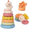 BUTI4WLD 8 Piece Stacking & Nesting Baby Toys, No Hole Stacks of Circles Soft Teething Toy and Building Circle with Pink Horse Figure, Newborn Essentials for 6 12 18 Months Boys Girls