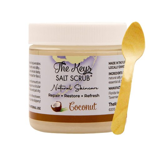 The Keys Salt Scrub - Coconut Sea Salt Scrub - Exfoliating Body Scrub Skincare with Wooden Spoon for Men & Women-Natural Moisturizing Exfoliator for Face, Hands, Foot, Bath, & Bikini Area (3.4oz)
