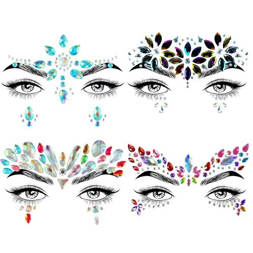 Allruyee 4 Sets Face Jewels Face Gems Mermaid Glitter Rhinestone Crystal Stickers Waterproof Eyes Face Temporary Tattoos for Party,Rave Festival,Carnival,Holiday Costumes,Rave Accessories,Makeup…