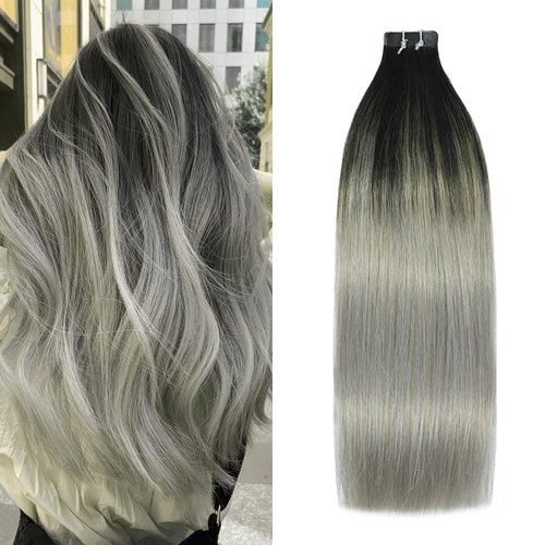 WindTouch Tape in Hair Extensions Balayage Ombre Hair Natural Black Fading to Gray Hair Extensions For Women Remy Hair Thick Skin Weft 14Inch 20pcs/50g #1btGray Seamless Tape Ins