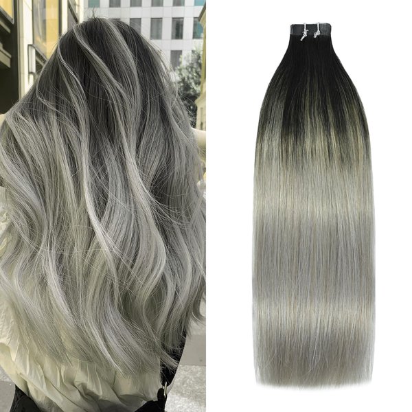WindTouch Tape in Hair Extensions Balayage Ombre Hair Natural Black Fading to Gray Hair Extensions For Women Remy Hair Thick Skin Weft 14Inch 20pcs/50g #1btGray Seamless Tape Ins