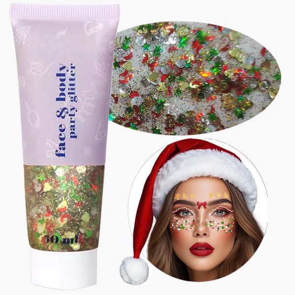 Go Ho Christmas Body Hair Face Glitter Gel,Christmas Glitter Face Paint,Holographic Colorful Sequins Chunky Glitter,Reflective Face Temporary Tattoo Glitter Makeup,Festival Christmas Accessories