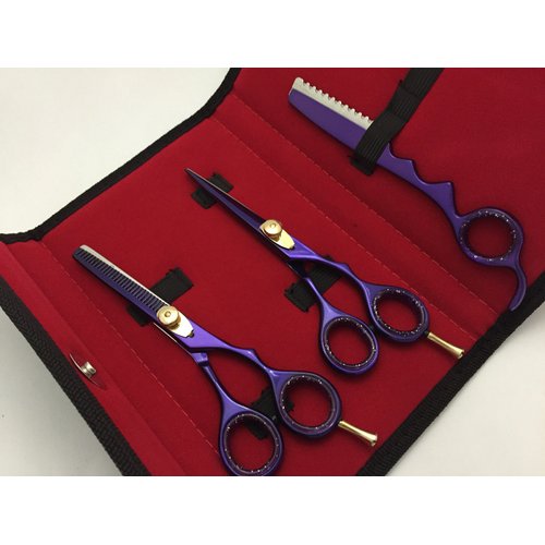 5.5" Professional Barber Razor Edge Powder Coated Hair Cutting and Texturizing Shears Scissors Purple with Straight Razor Student Teacher Kit Set+case Black