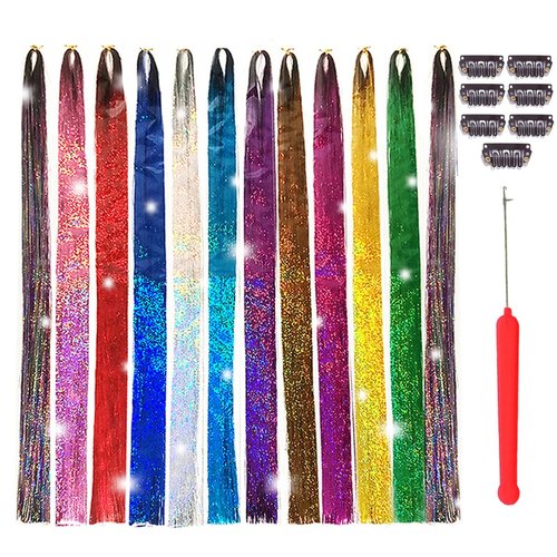 AlyBoto Hair Tinsel Heat Resistant 12 Colors 3000 Strands Fairy Hair Tinsel Kit Glitter Tinsel Hair Extensions 48 Inch Sparkle Hair Tinsel Kit For Girls (12color/3000strands-Pack)
