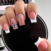 24Pcs French Butterfly Press on Nails Medium Length Square Fake Nails Coffin Glue on Nails Full Cover White French Tips False Nails Artificial Nude Pink Acrylic Nails for Women Nail Tips Decorations