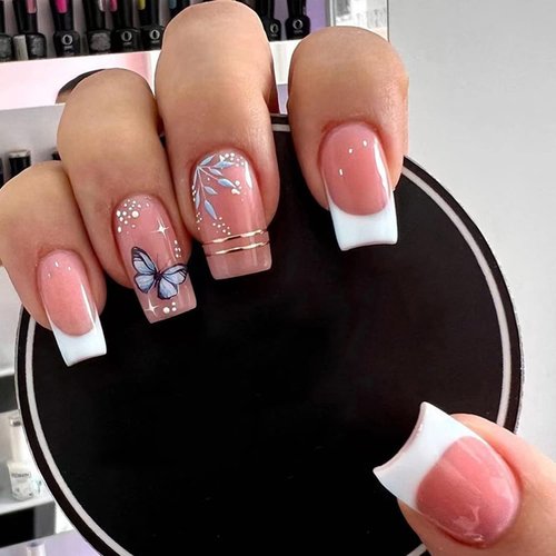 24Pcs French Butterfly Press on Nails Medium Length Square Fake Nails Coffin Glue on Nails Full Cover White French Tips False Nails Artificial Nude Pink Acrylic Nails for Women Nail Tips Decorations