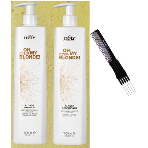 It&ly Italy OH MY BLONDE Shampoo & Conditioner Duo Set for Bleached, Lightened Hair (w/Sleek Teasing Comb) Itely Italian Beauty (33.8 oz + 33.8 oz XL LITER KIT)
