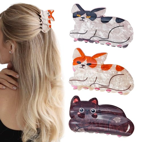 3PCS Cat Hair Claw Clips for Women Girls Animal Hair Barrettes Strong Hold Hairpin Cute Cat Hair Accessories for Thick Thin Hair