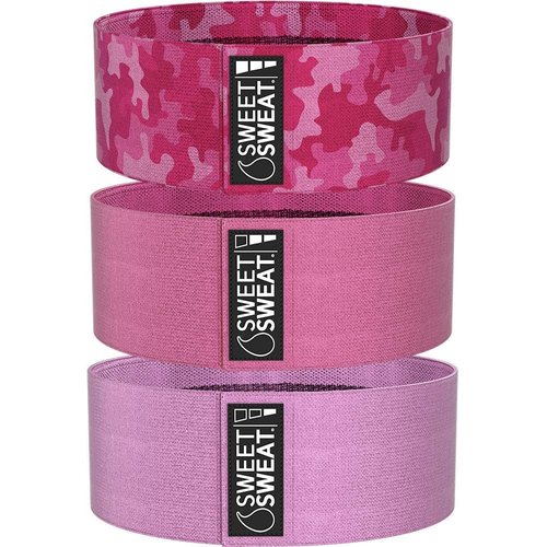 Sweet Sweat Hip Bands with 3 Levels of Resistance | Non-Slip Fabric Booty Bands for Squats & Lunges | Includes Free Mesh Carrying Bag (Pink)
