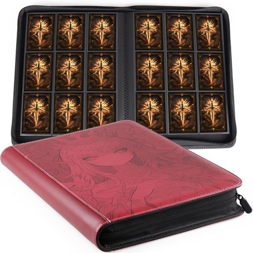 VEELAM 9 Pocket Trading Card Binder for 360 Side Loading Cards, Fixed Page Card Album with Zipper for Standard Size Trading Cards,Anime Red