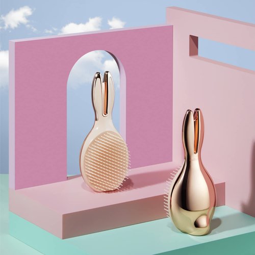 Mellotory Tangle Rabbit Brush (Rose Gold-Hard Bristles), Gentle Touch Detangler for Wet & Dry Hair. Scalp Massager Brush, Detangling Brush for Adults & Kids