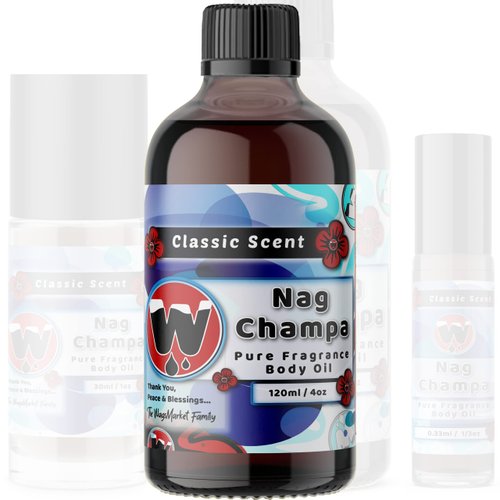 WagsMarket - Nag Champa Perfume Oil, from 0.33oz Roll On to 4oz Glass Bottle (4oz Glass Bottle)