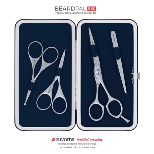 Suvorna Beard & Mustache trimming kit with Beard Scissors, Mustache Scissors, Facial Hair Scissors, Grooming Scissors, Ear Scissors, Nose Scissors, Eyebrow Scissors, and Tweezer Men. (4 Pcs Blue)