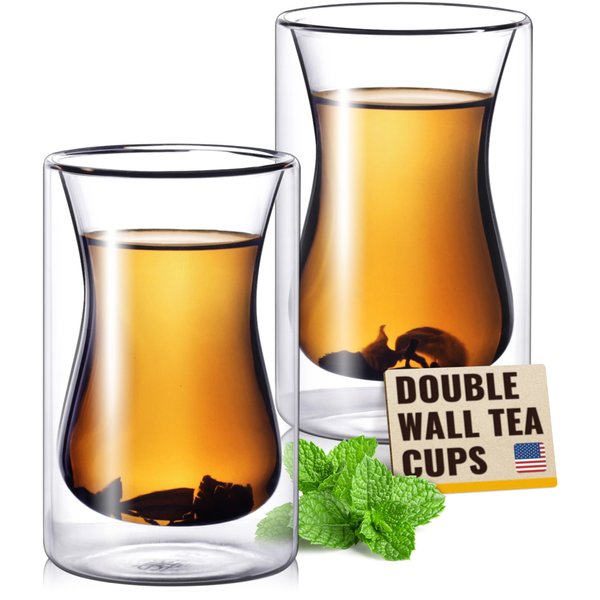 Eparé Turkish Clear Glass Tea Cups - Set of 2 Double Wall Clear Glass Coffee Mug - 6 oz Insulated Walled Transparent Glasses for Cafe Latte Espresso or Cappuccino Hot Beverages