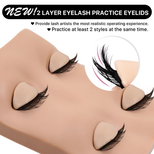 Pretty memory 2 Layer Lash Mannequin Head, with 2 Pairs Removable Lash Practice Eyelids, Realistic Eyelash Mannequin Head, Makeup Soft-Touch Rubber Lash Tech Supplies for Practice Training